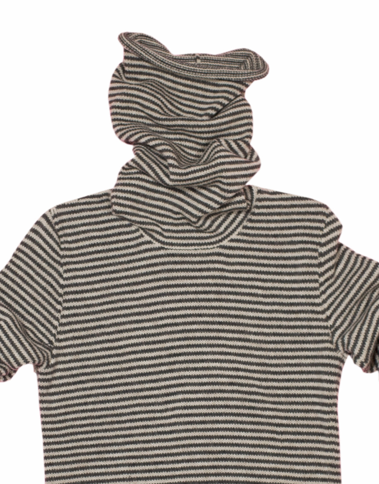 Close up of Stripy snood sweater in grey & oatmeal