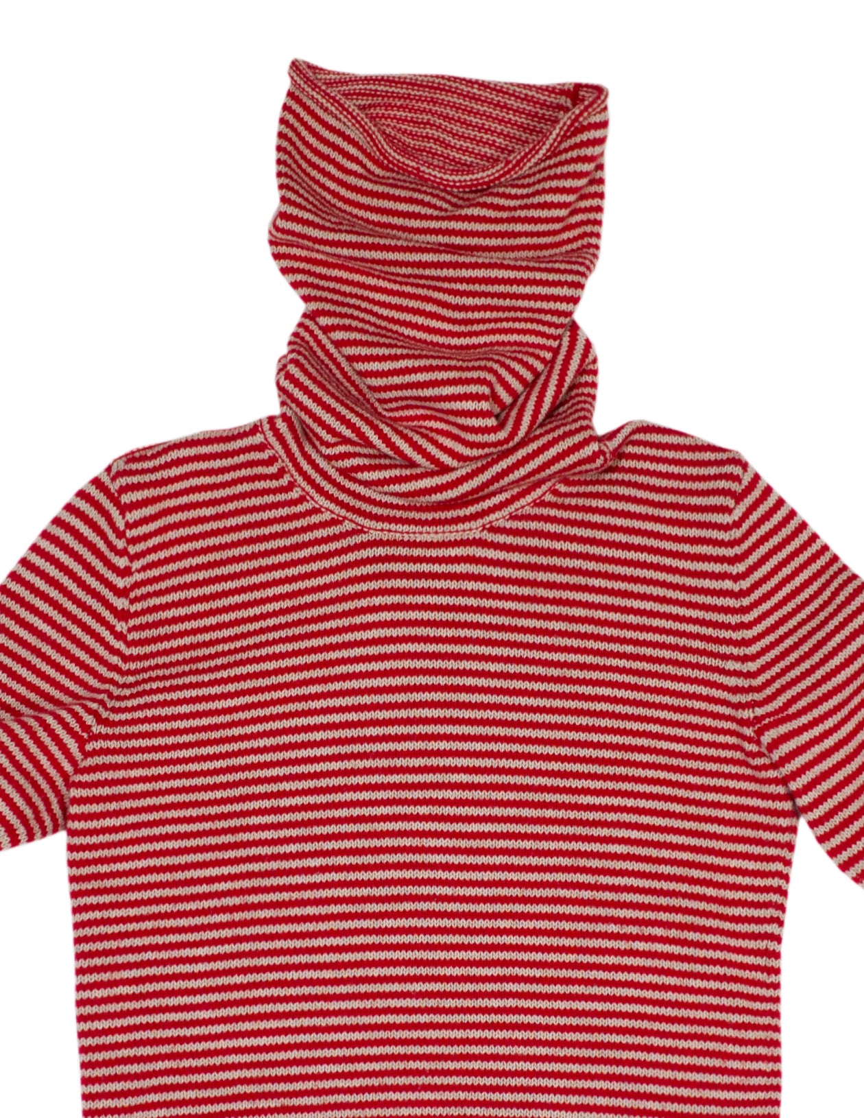 Close up stripy snood sweater in red & oatmeal