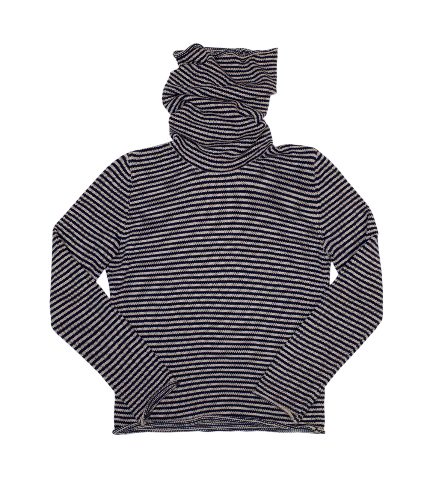 Stripy snood sweater with horizontal stripes and exaggerated turtleneck in navy & oatmeal