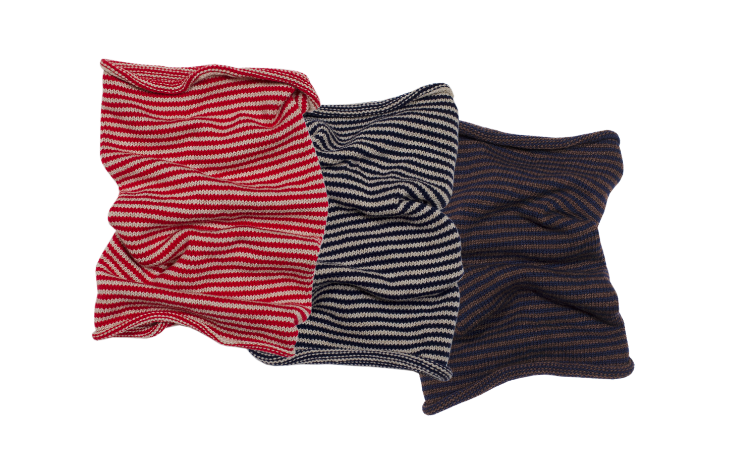 Stripy snoods in red & oatmeal, navy & oatmeal and navy & brown