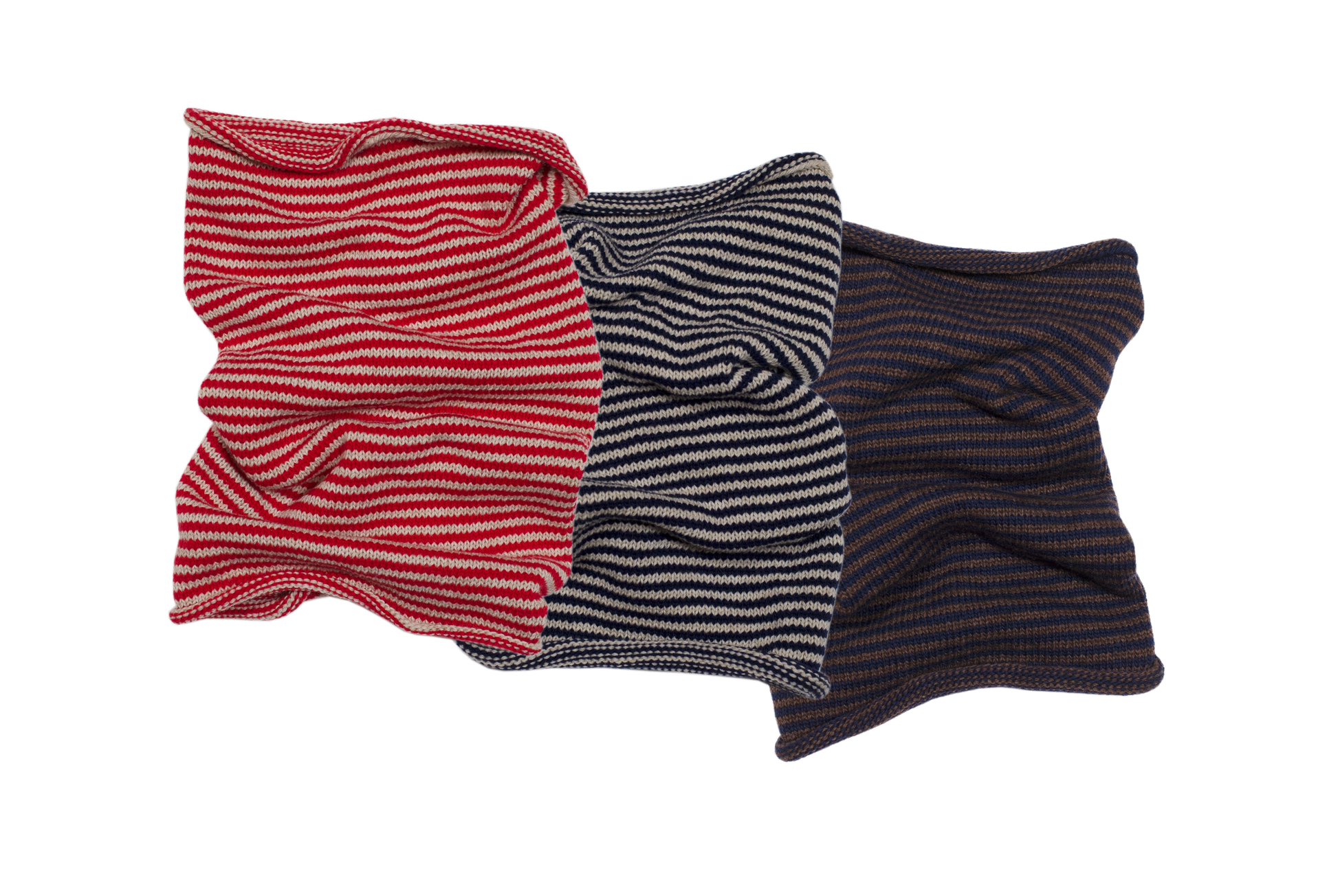 Stripy snoods in red & oatmeal, navy & oatmeal and navy & brown