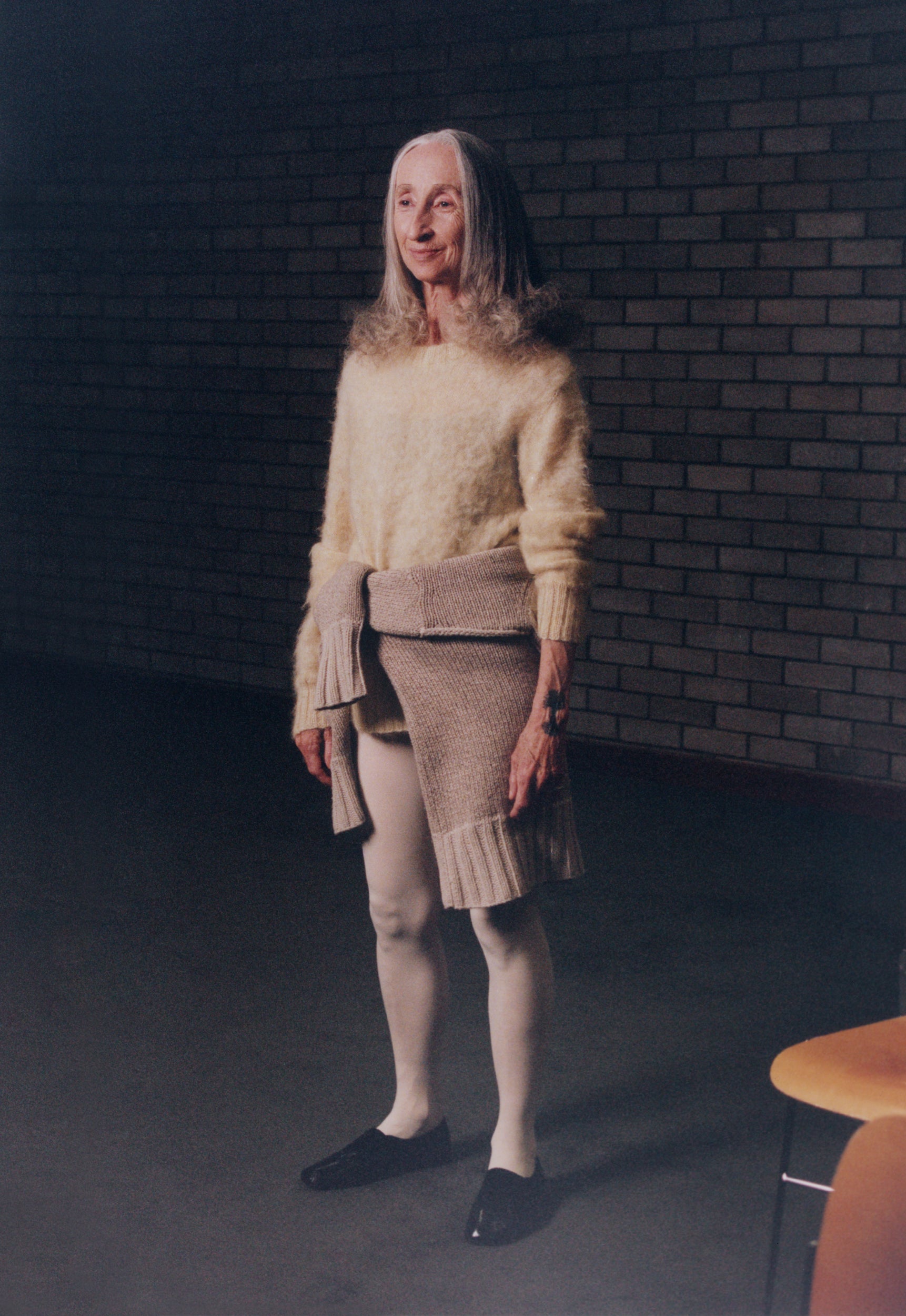 Look 9 - model wearing Traditional Mohair Sweater in butter and Traditional Sweater in oatmeal