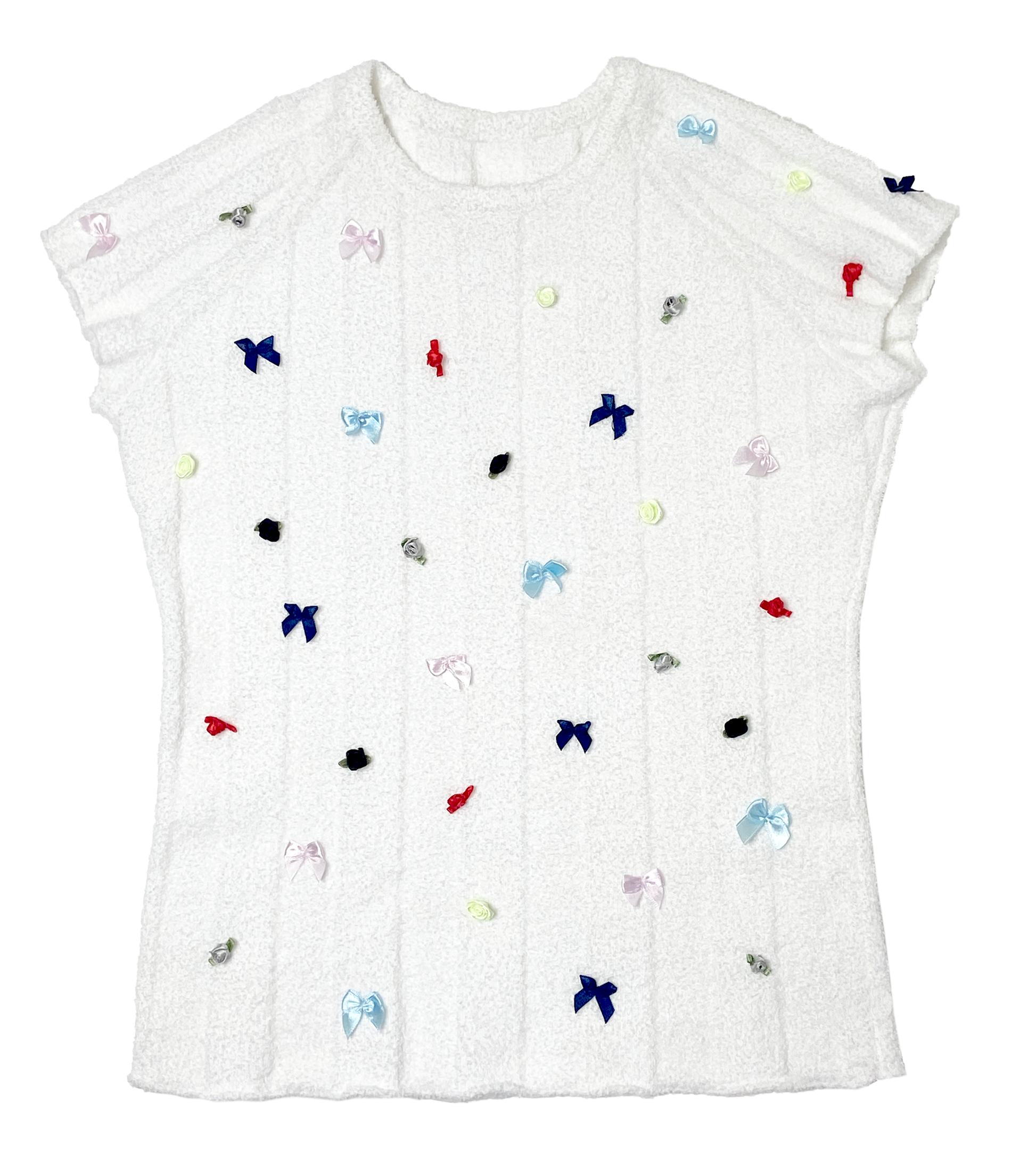 Flower top in white with multicoloured small ribbon roses and bows