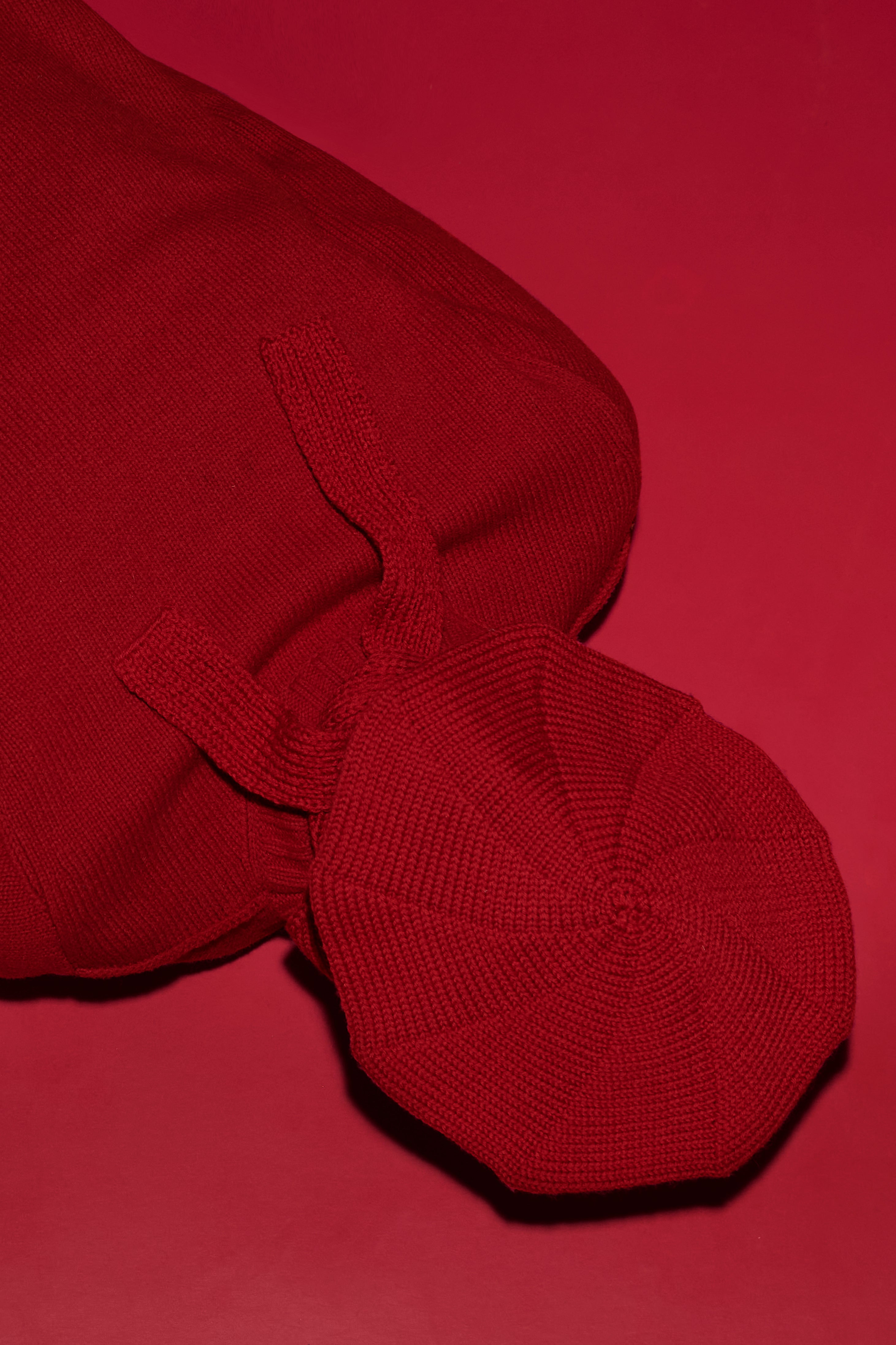 Matching red classic hat, top and skirt against a matching red background