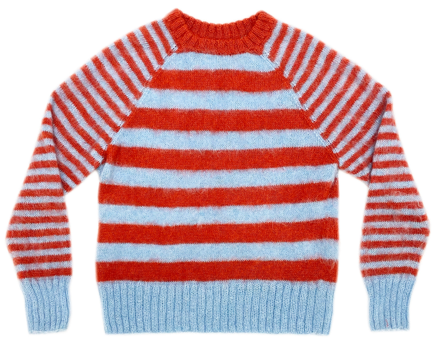 Mohair sweater in horizonal baby blue and  dark orange stripes