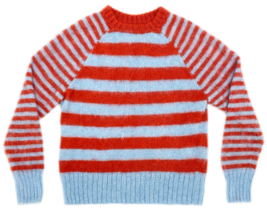 Mohair sweater in horizonal baby blue and  dark orange stripes