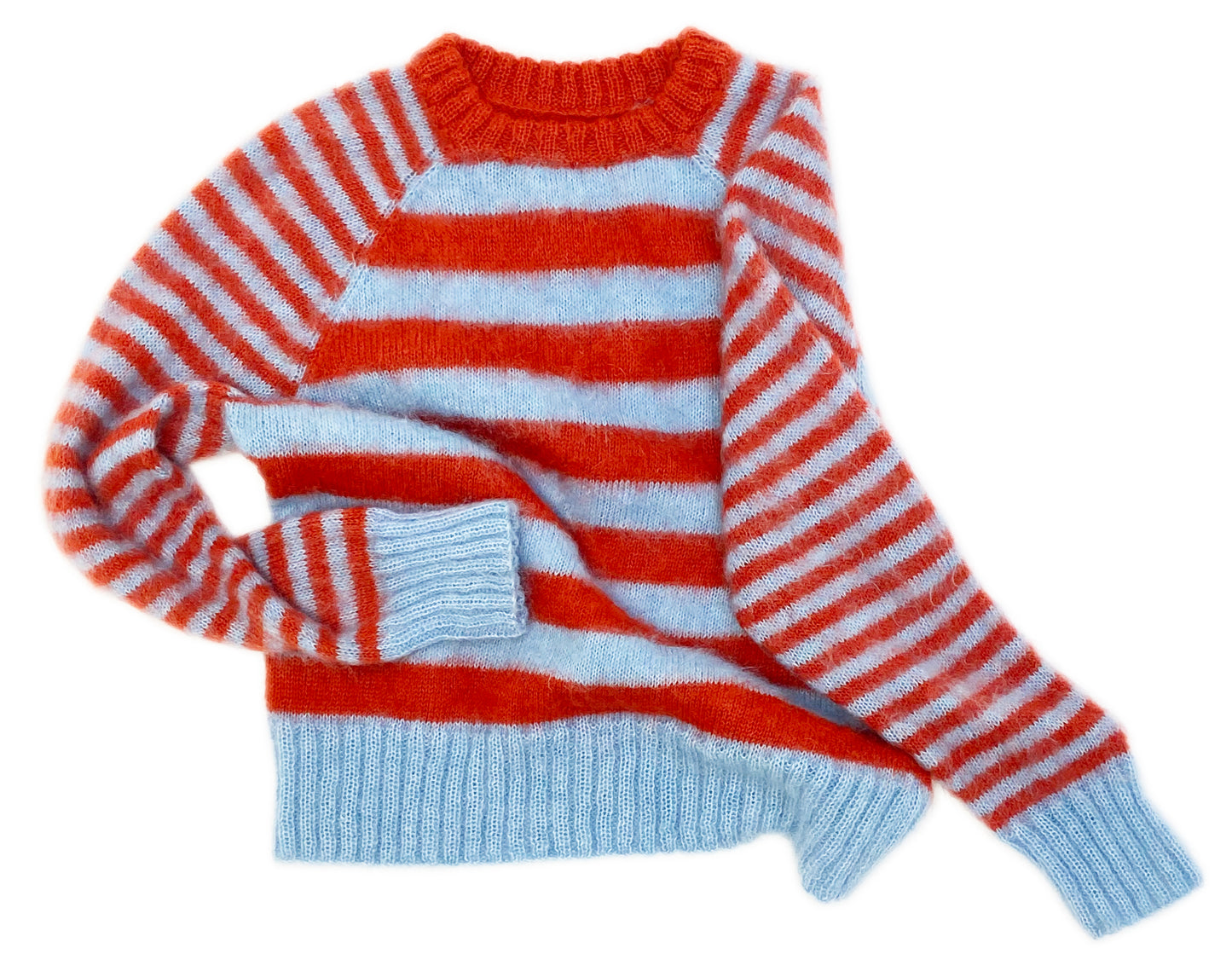 Mohair sweater in horizonal baby blue and  dark orange stripes