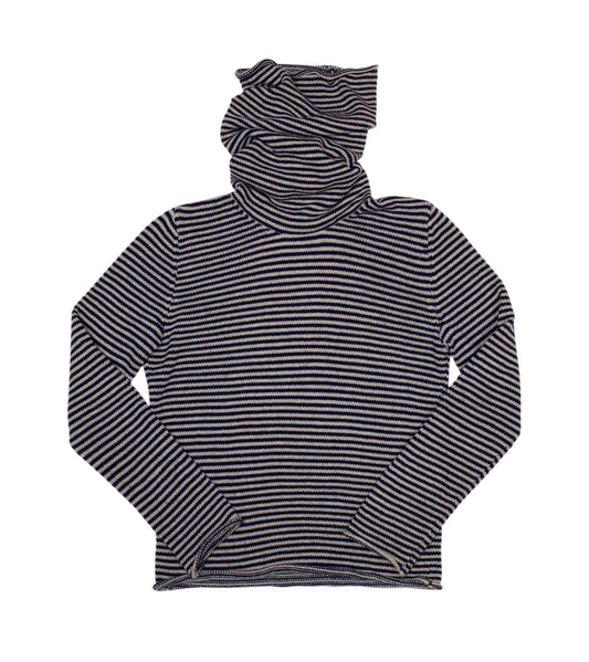 Stripy snood sweater with horizontal stripes and exaggerated turtleneck in navy & oatmeal