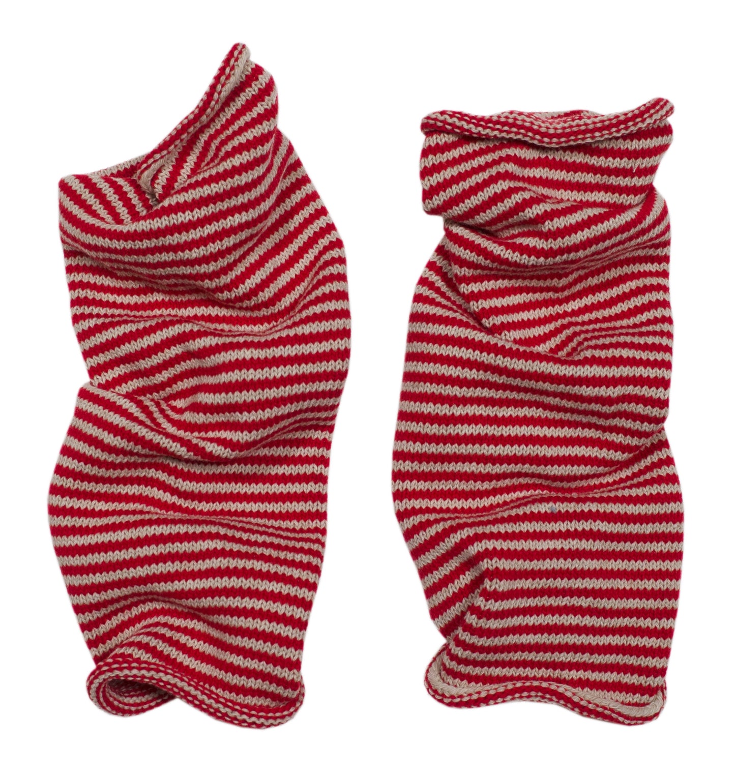 Stripy snood leg warmers in oatmeal & red