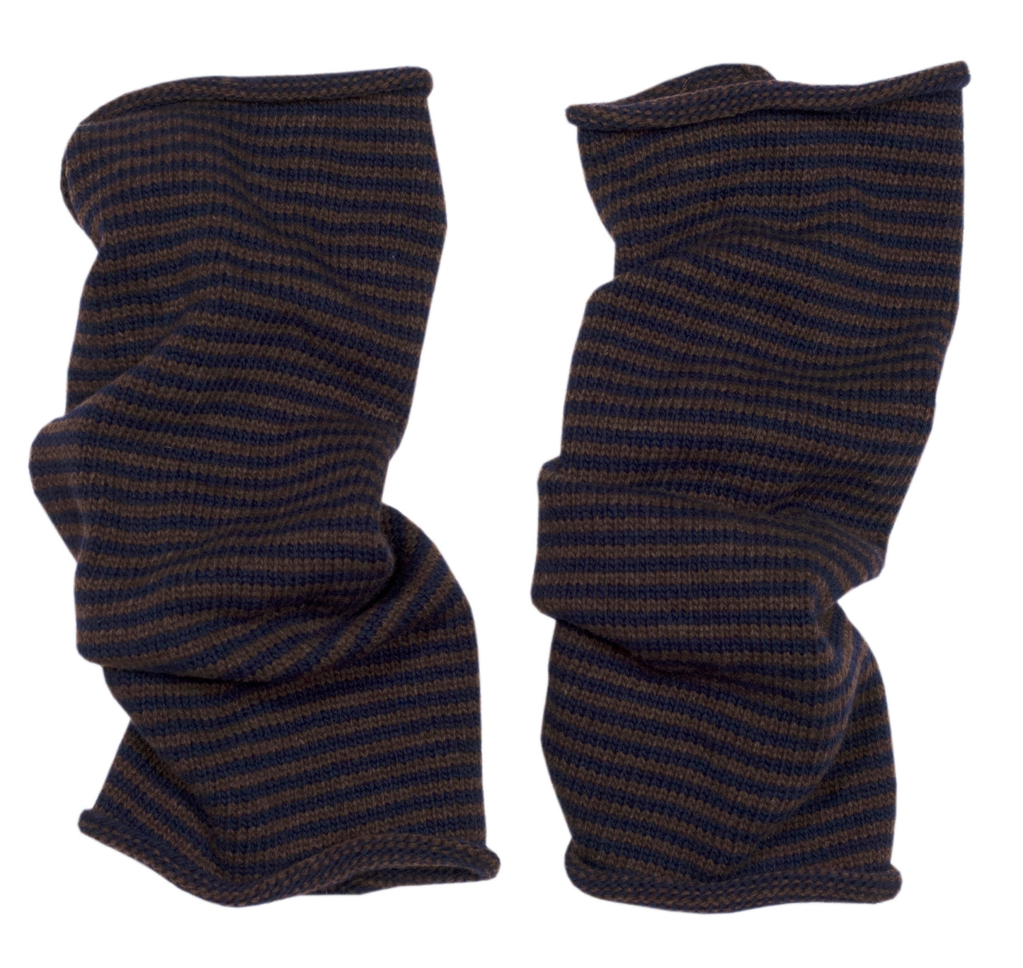 Stripy snood leg warmers in brown & navy