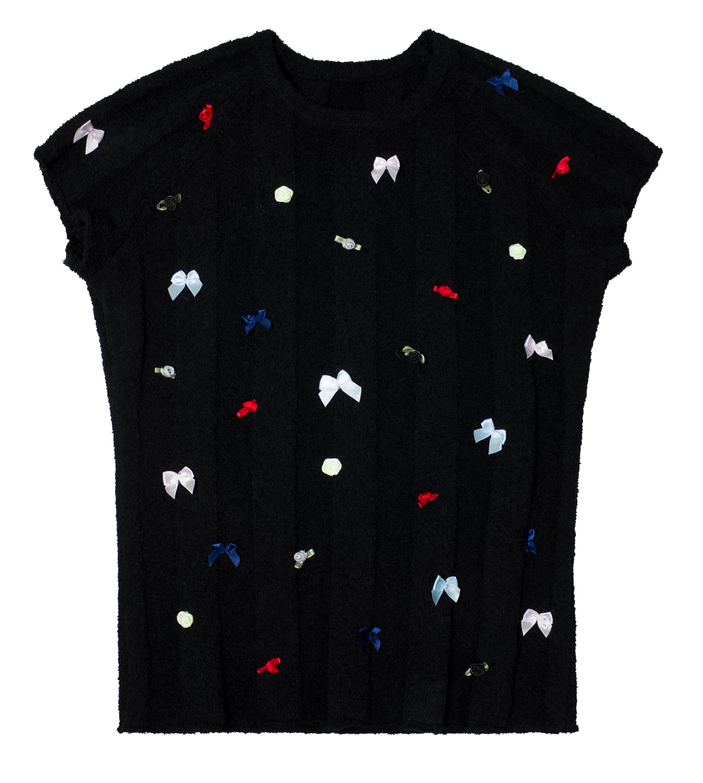 Flower top in black with multicoloured small ribbon roses and bows