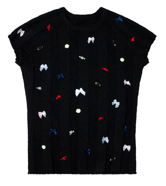 Flower top in black with multicoloured small ribbon roses and bows