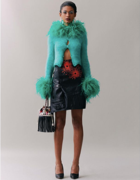 Knit development for Mimi Wade. Cardigan with ostrich feather collar