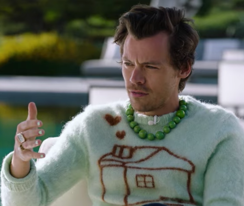 Harry Styles in the Zane Lowe Interview Series wearing custom mint mohair sweater with house motif by Ilana Blumberg
