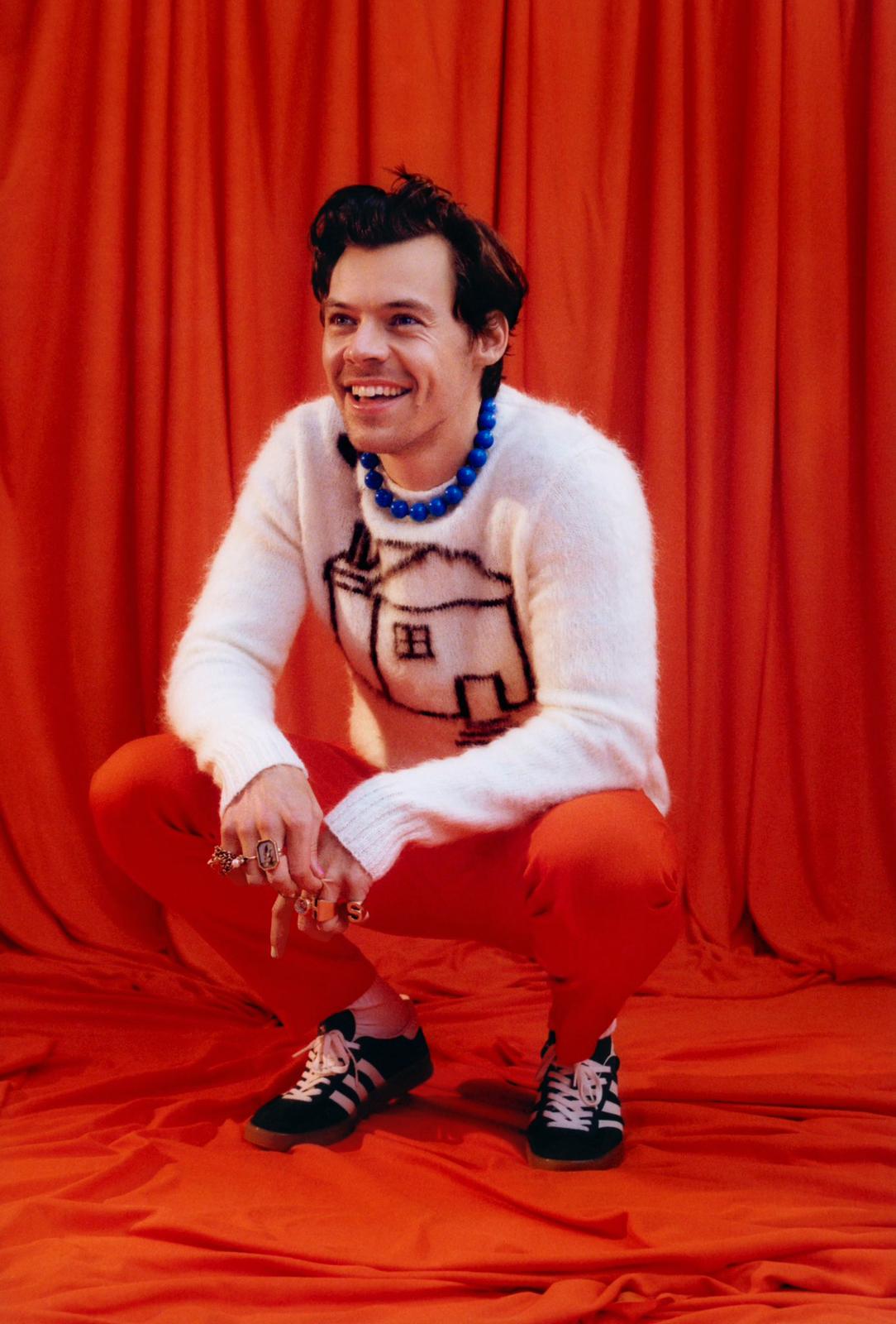 Harry Styles wearing custom white mohair sweater with house motif by Ilana Blumberg