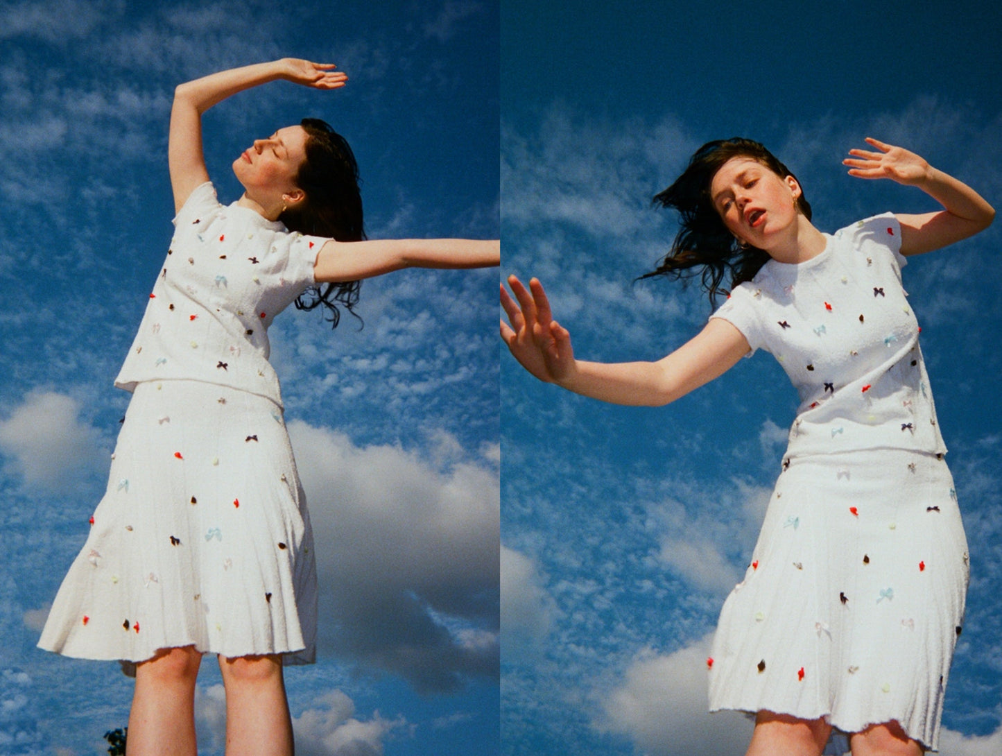 Model wearing flower top and skirt in white