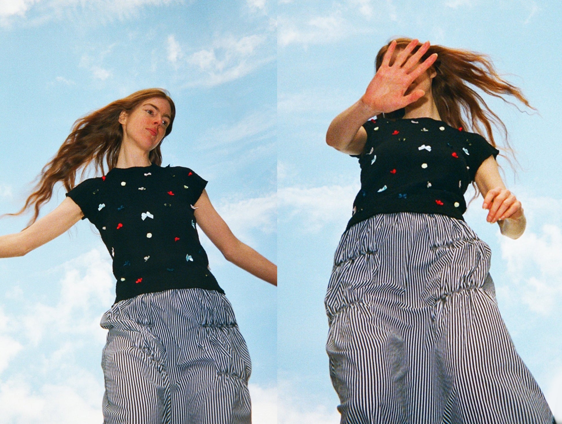 Model wearing flower top in black and Ruche Cotton Skirt in black vertical stripes