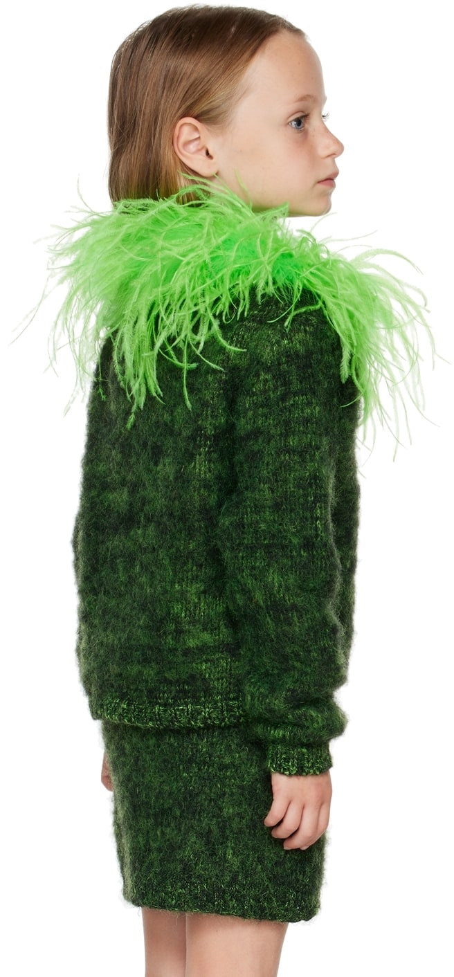 Brushed knit mohair-blend cardigan and skirt in green. For Mimi Wade