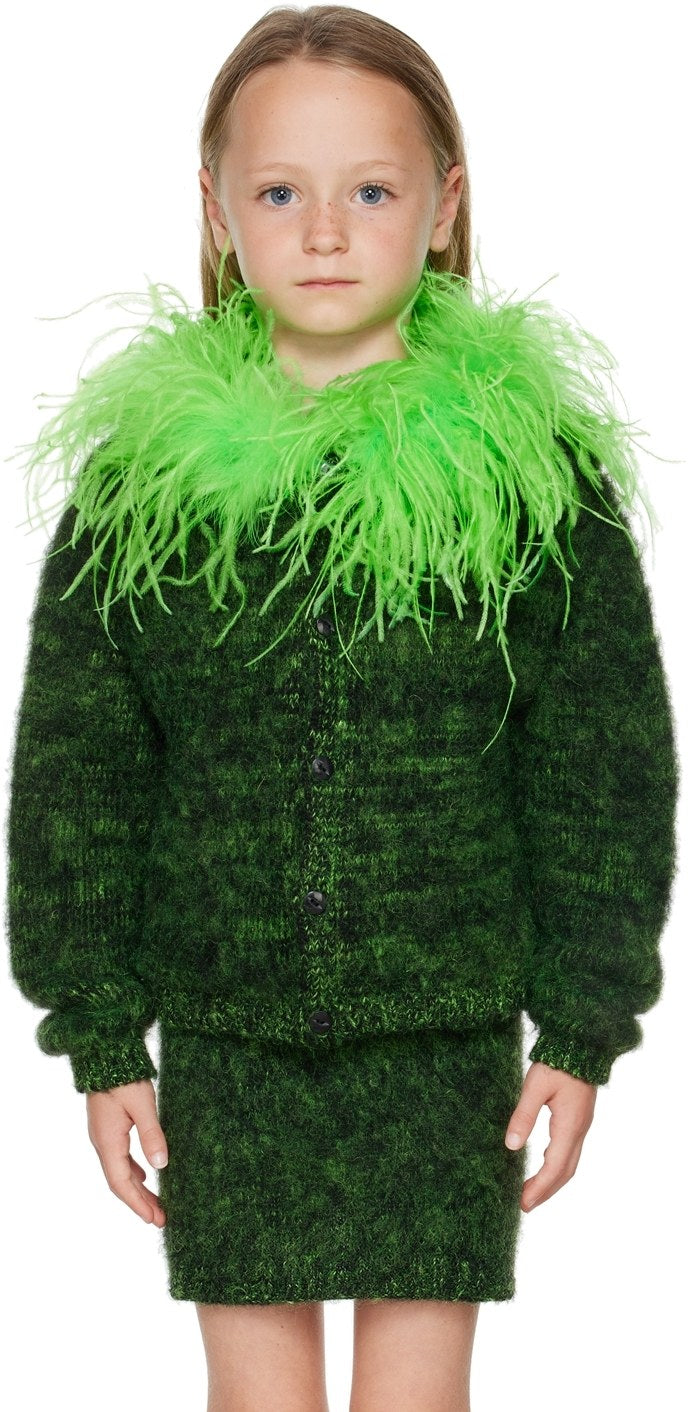 Brushed knit mohair-blend cardigan and skirt in green. For Mimi Wade