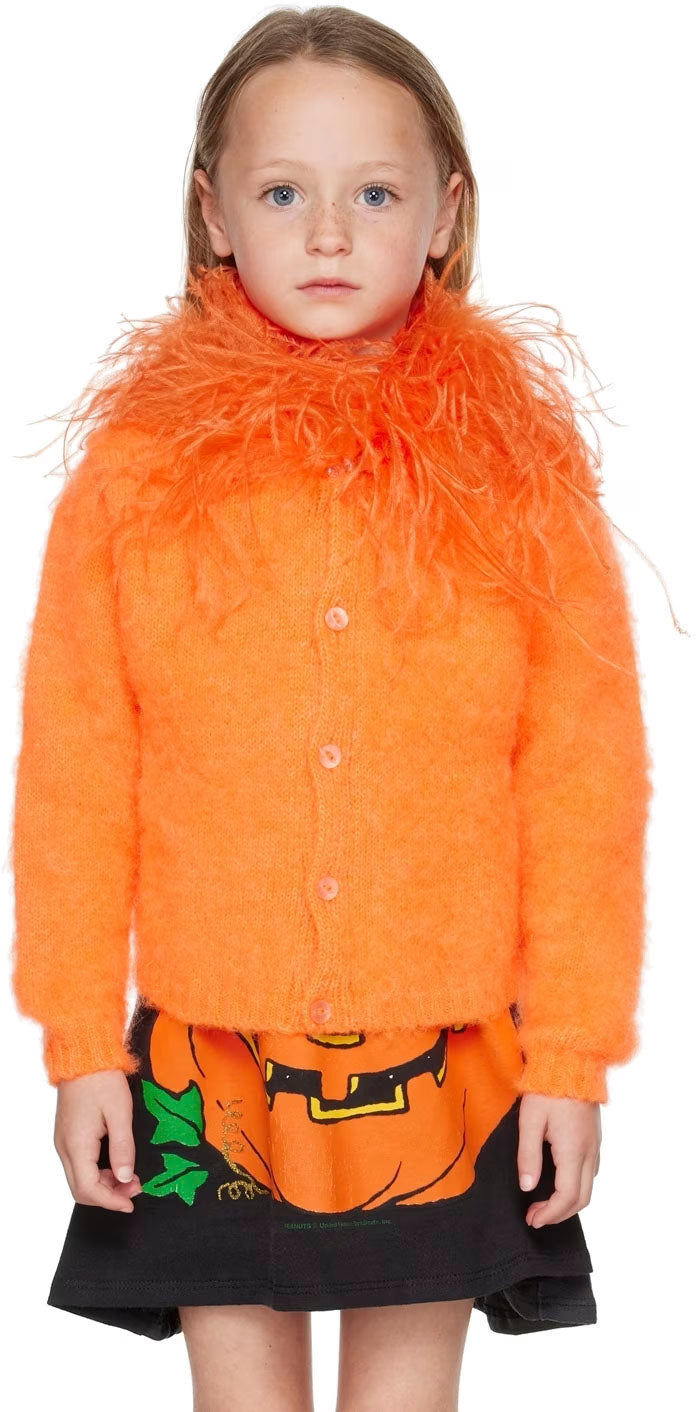 Brushed knit mohair-blend cardigan in orange with Detachable ostrich feather collar. For Mimi Wade