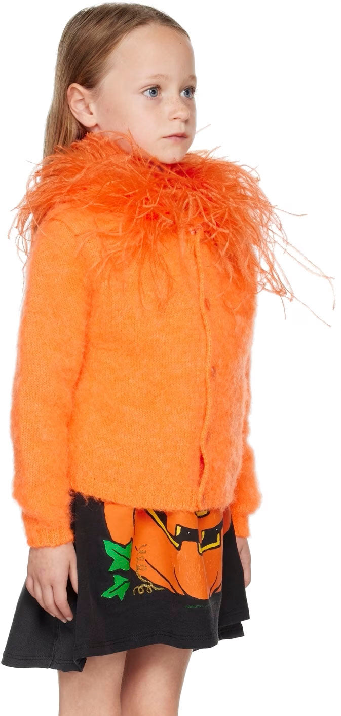 Brushed knit mohair-blend cardigan in orange with Detachable ostrich feather collar. For Mimi Wade