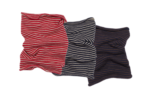 Stripy snoods in red & oatmeal, navy & oatmeal and navy & brown